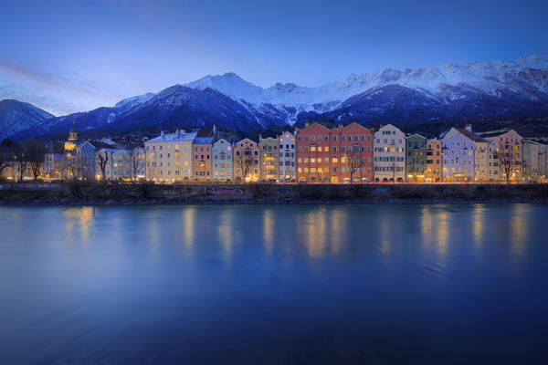 The classic view at evening of the Mariahilf buildings with the Nordkette in the background, Innsbruck, Tyrol, Austria, Europe
