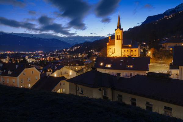 The church of Mühlau with its buildings at evening, Innsbruck, Tyrol, Austria, Europe