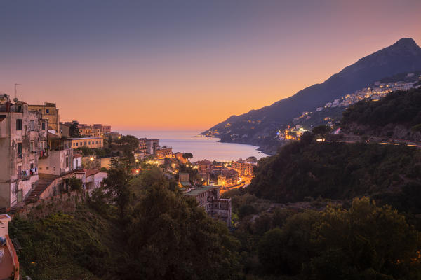 The Amalfi Coast at dusk as seen from the main terrace of Vietri sul Mare, Salerno, Campania, Italy, Europe