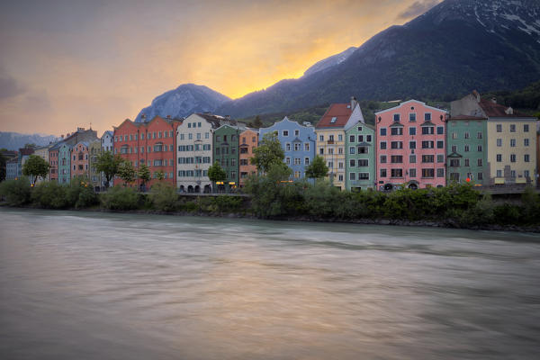 The iconic buildings of Mariahilf at dusk, Innsbruck, Tyrol, Austria, Europe