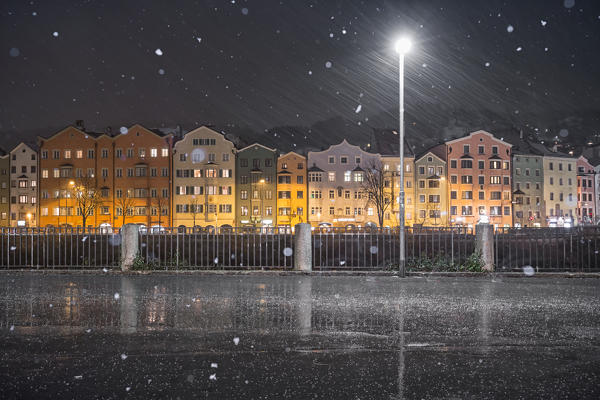 Marktplatz on a snowy windy evening, Innsbruck, Tyrol, Austria, Europe 