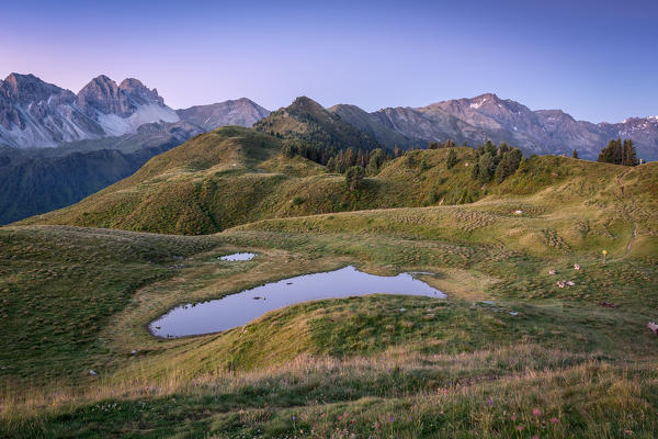 Salfeinssee Lake at dawn with the Stubai Alps in the background, Figl - Salfeins, Innsbruck Land, Tyrol, Austria, Europe