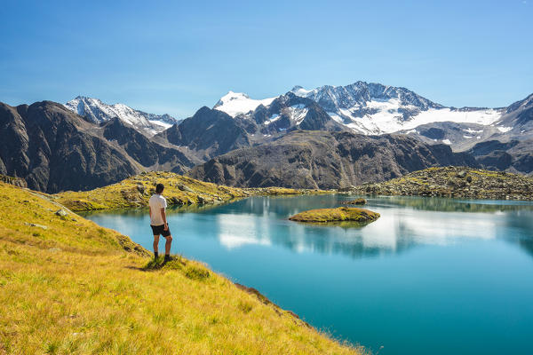 A man staring at the highest peaks of Stubai Valley, Zuckerhuetl and Wilder Pfaff, Innsbruck Land, Tyrol, Austria, Europ