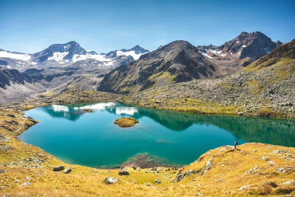 Lake Mutterbergersee with the peaks of Stubai Glacier, Stubai Valley, Innsbruck LAnd, Tyrol, Austria, Europe