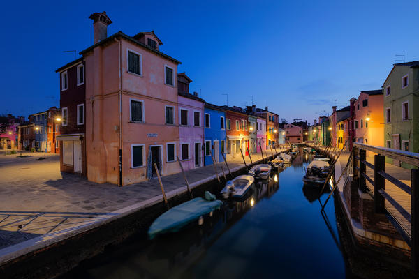 Fondamenta Cavanella with its typical canal before sunrise, Burano, Venice, Veneto, Italy, Europe