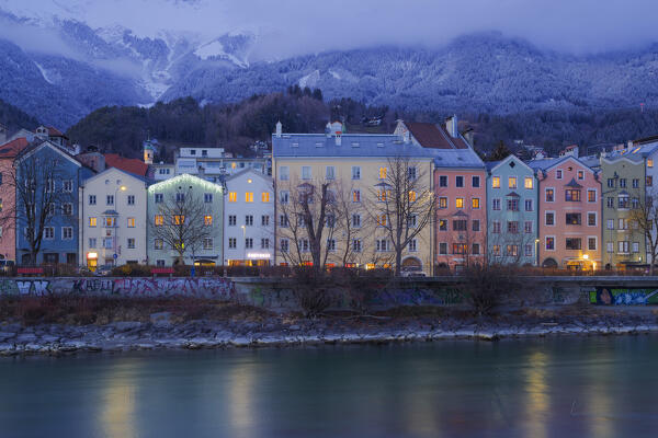 A detail of the Mariahilf buildings on a cold evening, Innsbruck, Tyrol, Austria, Europe