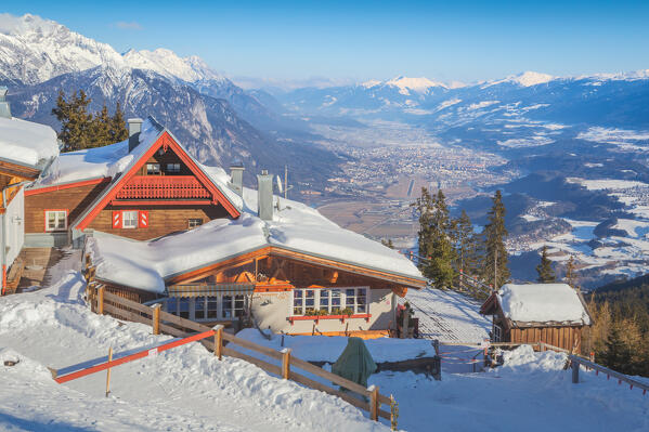 The view over the city of Innsbruck from the Rosskogelhuette mountain hut, Oberperfuss, Innsbruck Land, Tyrol, Austria, Europe