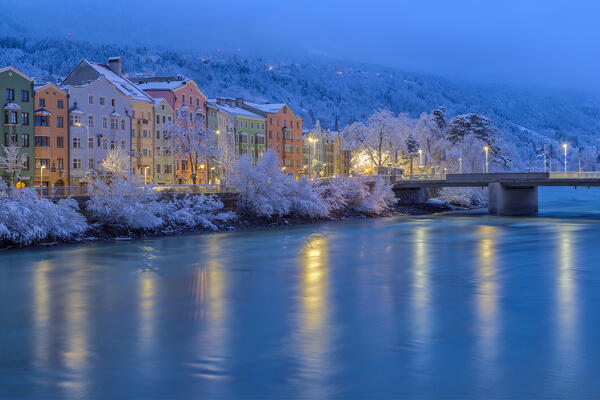 Snow on the iconic buildings of Mariahilf, Innsbruck, Tyrol, Austria, Europe