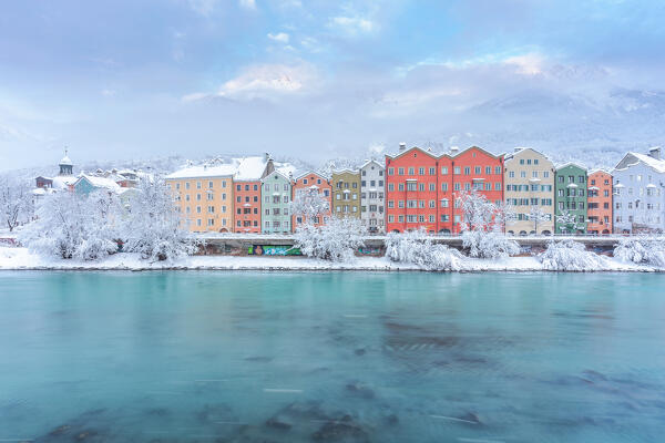 An icy morning by the Inn river, Marktplatz, Innsbruck, Tyrol, Austria, Europe