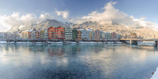 The Mariahilf buildings with the Nordkette mountains in the background after the snowfall, Innsbruck, Tyrol, Austria, Europe