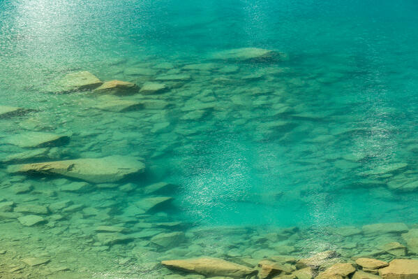 Detail of the cold turquoise waters of Blaue Lacke mountain lake, Sulzenau Hütte, Neustift im Stubaital, Innsbruck Land, Tyrol, Austria, Europe