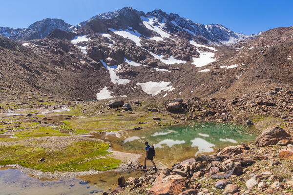 A mountaineer hiking to Lake Freiger with the Hohe Wand mountain in the background, Langental Valley, Neustift im Stubaital, Innsbruck Land, Tyrol, Austria, Europe 