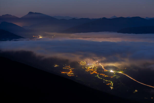 Wipptal Valley at night as seen from the Patscherkofel mountain, Patsch, Innsbruck Land, Tyrol, Austria, Europe 