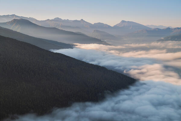 A foggy morning in Wipptal valley, Patscherkofel mountain, Innsbruck Land, Tyrol, Austria, Europe 