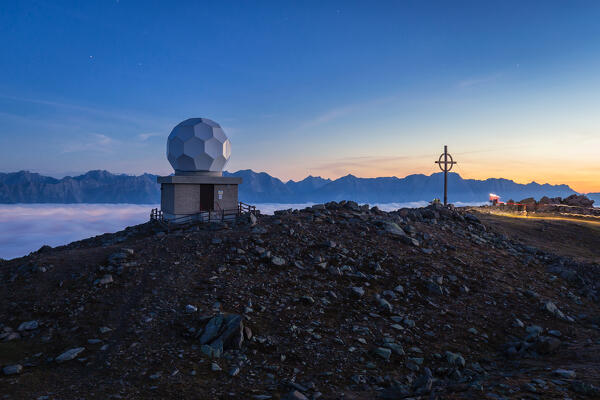 The Summit of Patscherkofel mountain with its iconic wheater station before dawn, Innsbruck Land, Tyrol, Austria, Europe 