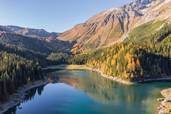 Aerial view of Lake Obernberg on a cold autumn day, Obernberg am Brenner, Innsbruck Land, Tyrol, Austria, Europe