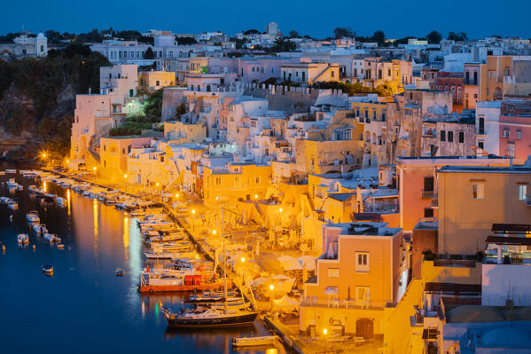 Early morning in the little Corricella harbour, Neaples province, Campania region, Italy, Europe