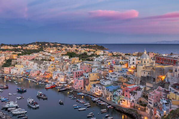 Dusk at Marina di Corricella, Procida island, Neaples province, Campania region, Italy, Europe