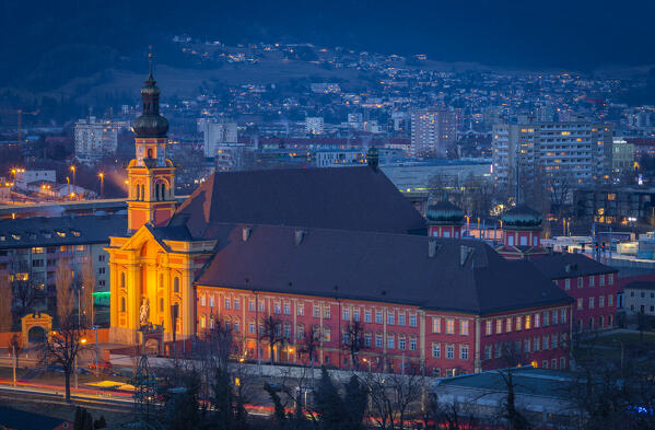 The Monastery and Church in Wilten on a winter evening, Innsbruck, Innsbruck Stadt, Tyrol, Austria, Europe