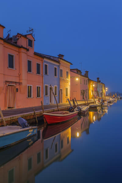 The colourful buildings of Fondamenta Pontinello sinistra on a foggy morning, Burano island, Venice province, Veneto region, Italy, Europe