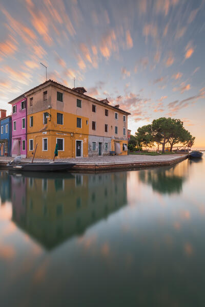 The typical painted buildings of Burano by the canal at dawn, Burano Island, Venice, Veneto, Italy, Europe