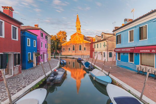 The canal leading to the church of San Martino Vescovo at dawn, Burano, Venice, Veneto, Italy, Europe