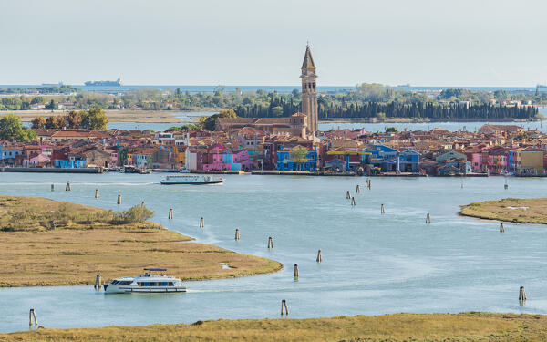The island of Burano as seen from Torcello's bell tower, Venice, Veneto, Italy, Europe