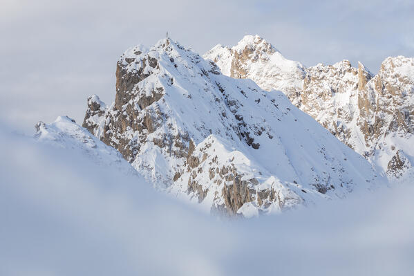The peaks of Westliche Kaminspitze and Kemacher Spitze as seen from the Hafelekar cable car station up above the city of Innsbruck after the snowfall, North Chain, Karwendel natural park, Innsbruck Stadt, Tyrol, Austria, Europe