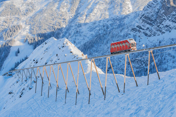The Olympiabahn funicular in the Axamer Lizum ski resort on a winter day, Axams, Innsbruck Land,Tyrol, Austria, Europe