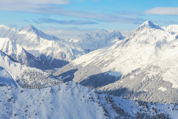 The Stubai Alps in Sellrain on a winter day as seen from the Hoadl Haus hut in the Axamer Lizum Ski resort, Axams, Innsbruck Land, Tyrol, Austria, Europe