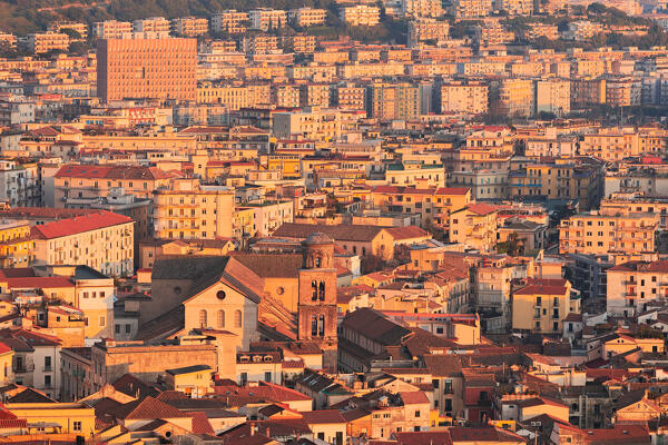 The Cathedral and the palaces of Salerno becoming red at sunset , Salerno, Campania, Italy, Europe 