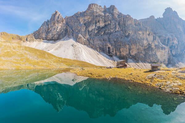 Aerial view of Lago di Sanes - Sandessee with the mountains of Goldkappl and Pflerscher Tribulaun in the background, Ladurns, Bolzano district, South Tyrol, Italy, Europe