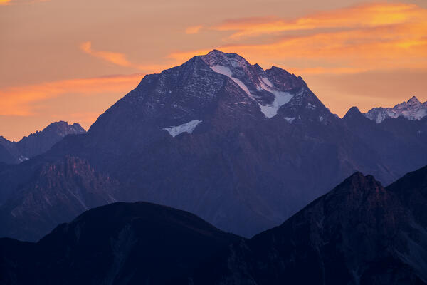 The massive Habicht mountain with its little glacier at dusk, as seen from the Seegrube in Innsbruck, Nordkette, Tyrol, Austria, Europe