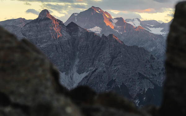 The view of Serles, Habicht and Feuerstein summits at sunset as seen from the Patscherkofel mountain peak, Patscherkofel, Patsch, Innsbruck Land, Tyrol, Austria, Europe