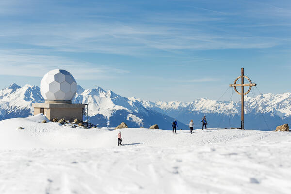 Hikers enjoying the summit of Patscherkofel mountain on a cold winter day, Patsch, Innsbruck Land, Tyrol, Austria, Europe