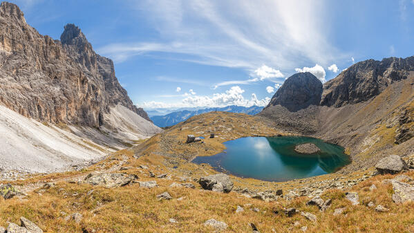 Panoramic view of Lake Sandessee - Lago di Sanes and Pflerscher Tribulaun - Tribulaun di Fleres on a summer day, Ladurns, Bolzano district, South Tyrol, Italy, Europe