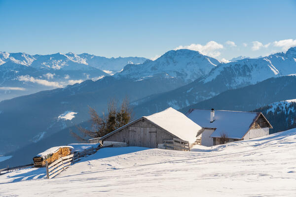 The Krimpenbach Alm mountain hut in winter with the Nockspitze mountain in the background, Oberperfuss, Innsbruck Land, Tyrol, Austria, Europe