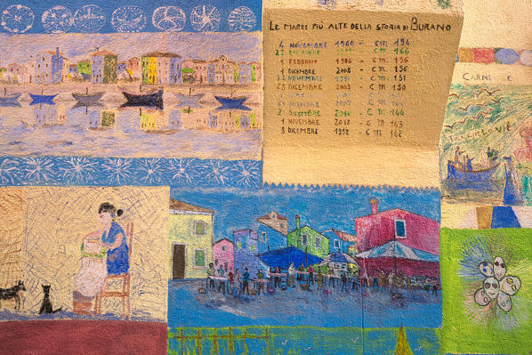 Drawings on the wall about the history of Burano, Venice, Veneto, Italy, Europe