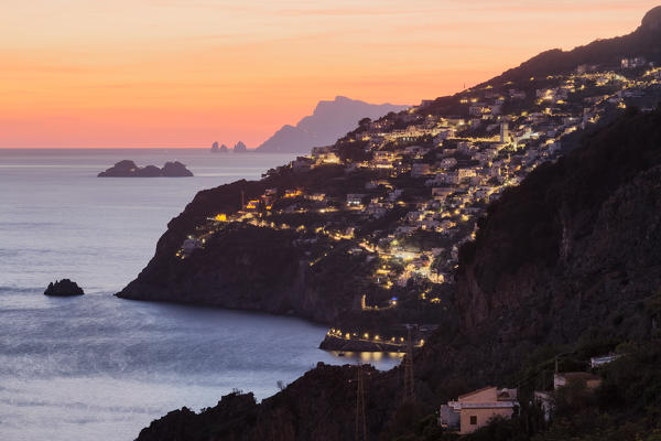 Praiano at dusk from Conca dei Marini, Salerno province, Campania, Italy, Europe