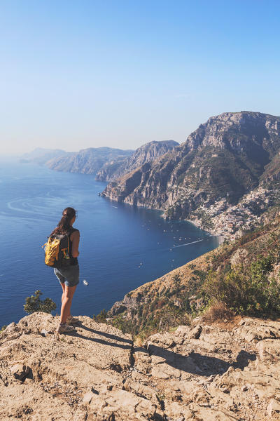 a woman watching Positano and the Amalfi Coast from the Path of Gods, Salerno, Campania, Italy, Europe
