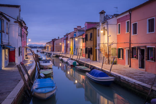 The boats of Burano at dusk, Burano, Venice, Veneto, Italy, Europe