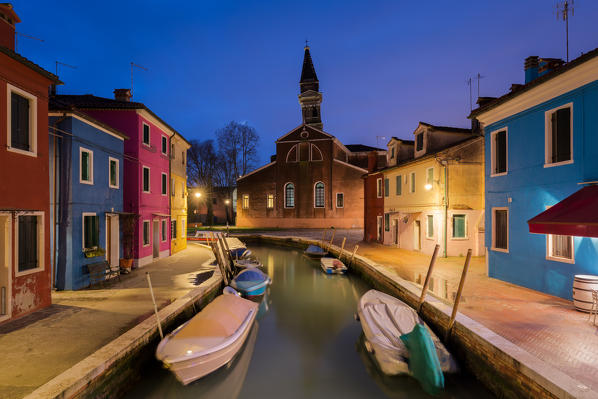 The leaning bell-tower of Burano at evening, Burano, Venice, Veneto, Italy, Europe