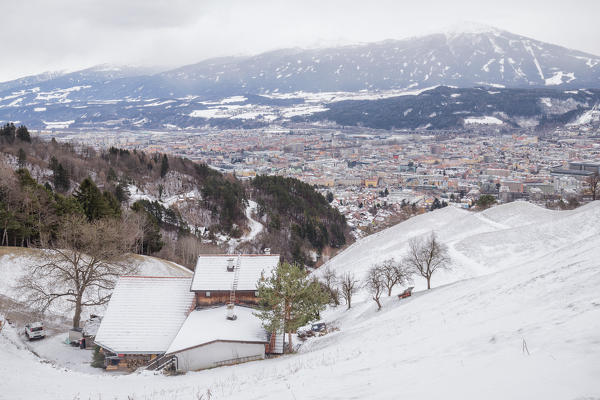 The city of Innsbruck seen from the fields of Planötzenhof, Innsbruck, Tyrol, Austria, Europe