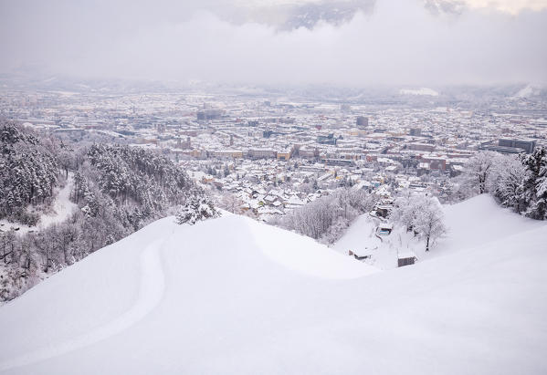 After the snow has fallen on the city of Innsbruck, Tyrol, Austria, Europe