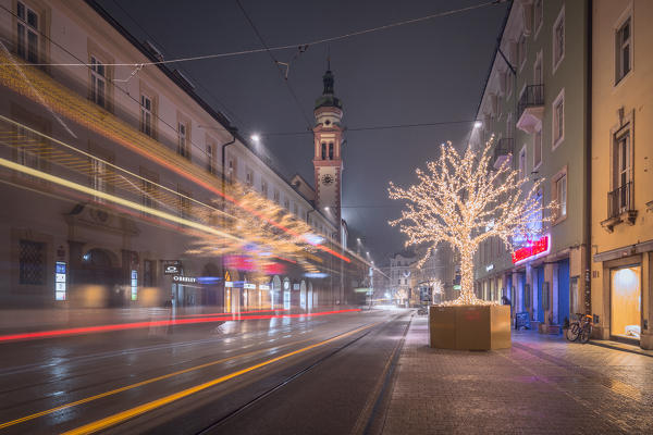 A christmas tree along the Maria-Theresien-Straße, Innsbruck, Tyrol, Austria, Europe