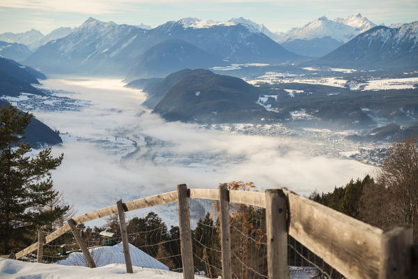 The view over the Inn Valley from the little town of Mösern, Telfs, Innsbruck Land, Tyrol, Austria, Europe