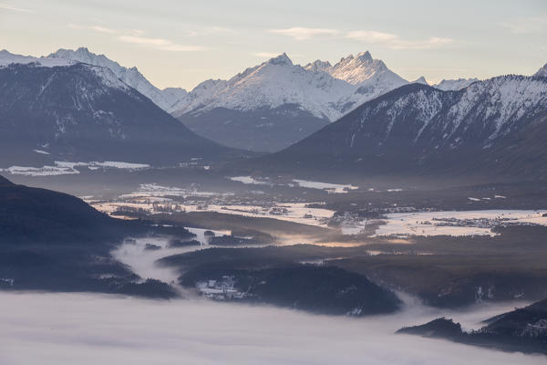 The Plateau of Mieming seen from Mösern, Mösern, Telfs, Innsbruck-Land, Tyrol, Austria, Europe