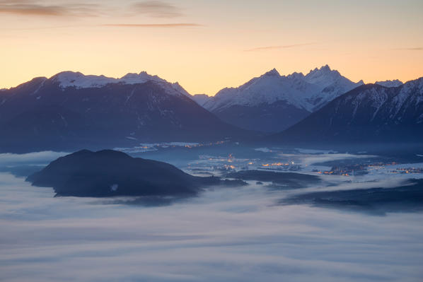 The Plateau of Mieming seen from Mösern at dusk, Mösern, Telfs, Innsbruck-Land, Tyrol, Austria, Europe