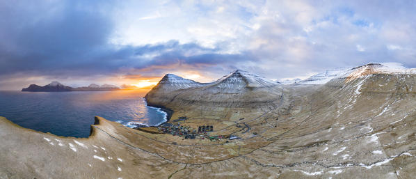 Aerial panoramic view from Gjogv (Eysturoy island, Faroe Islands, Denmark)