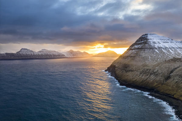 Aerial view from Gjogv, Kalsoy Island on background (Eysturoy island, Faroe Islands, Denmark)